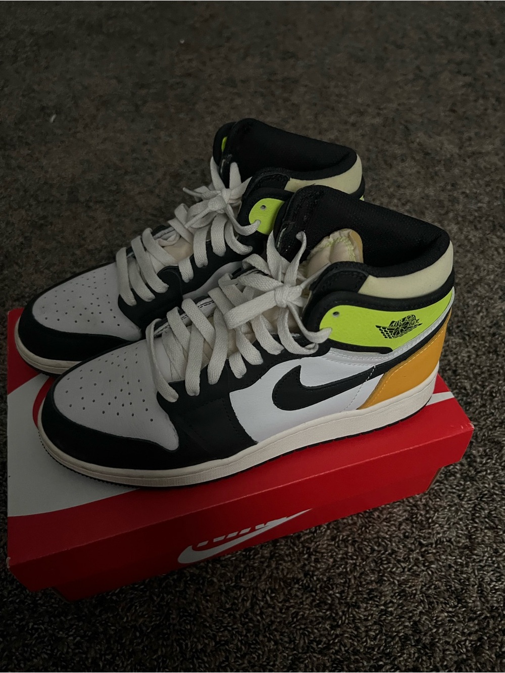 Nike Air Jordan 1 High White Black Neon Yellow Orange Accent